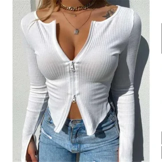 Zipper Design Slim Fit White Top